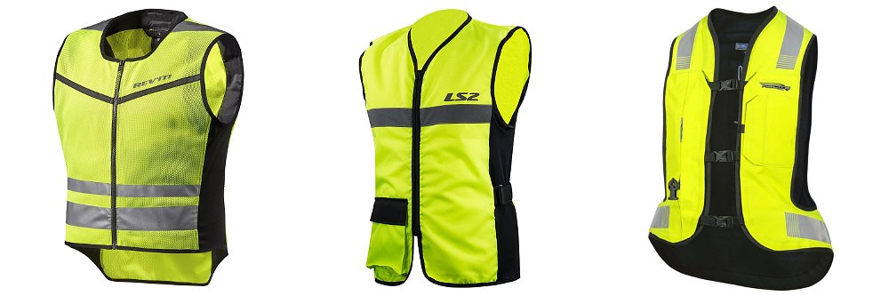 A REV'IT!, LS2, and Helite Hi-Vis vest pictured in a product lineup.