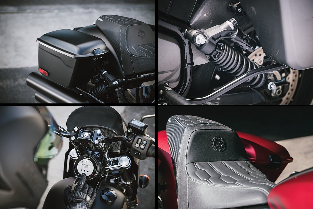 Four images of the Sport Chief RT's saddlebag, Fox shocks, Bluetooth speaker, and comfort seat.