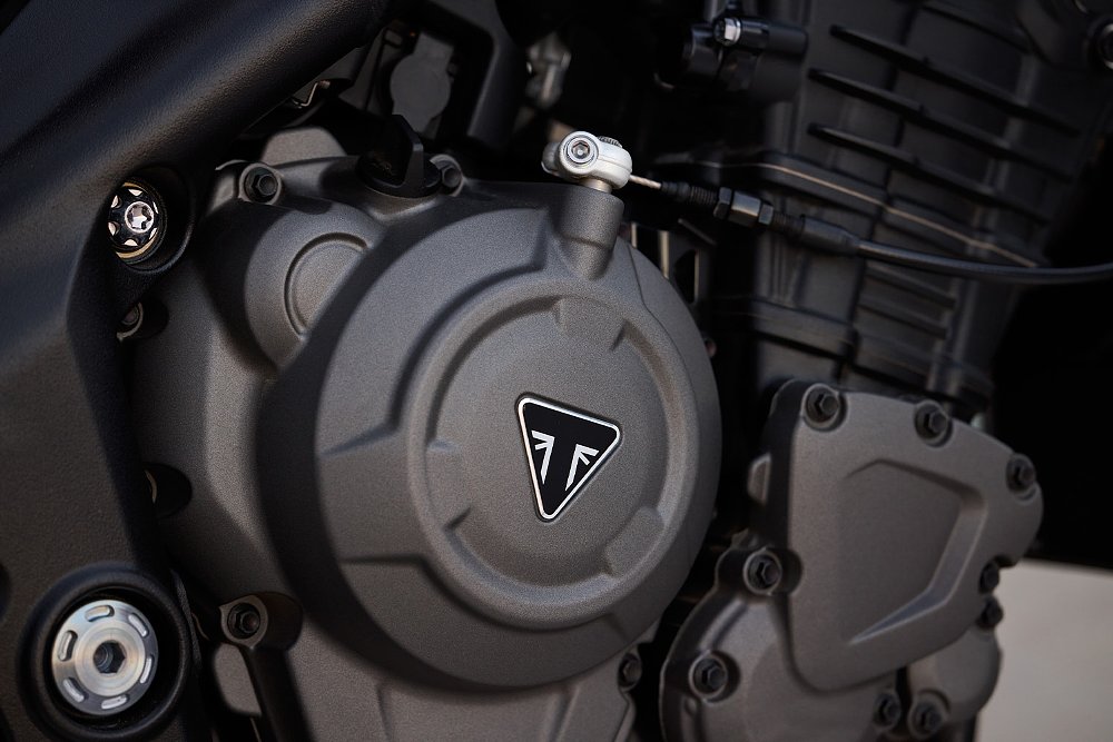 A close-up of Triumph's 1,160 cc inline-triple.