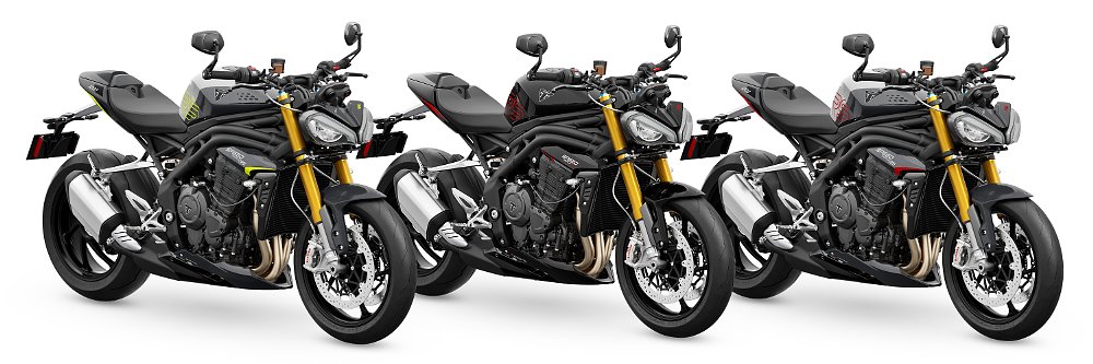 The 2025 Triumph Speed Triple 1200 RS in three different liveries (Jet Black, Granite and Diablo Red, and Granite and Performance Yellow)