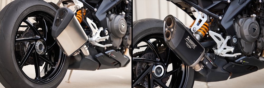 Back-to-back shots of the Speed Triple's stock exhaust and accessory Akrapovič silencer.