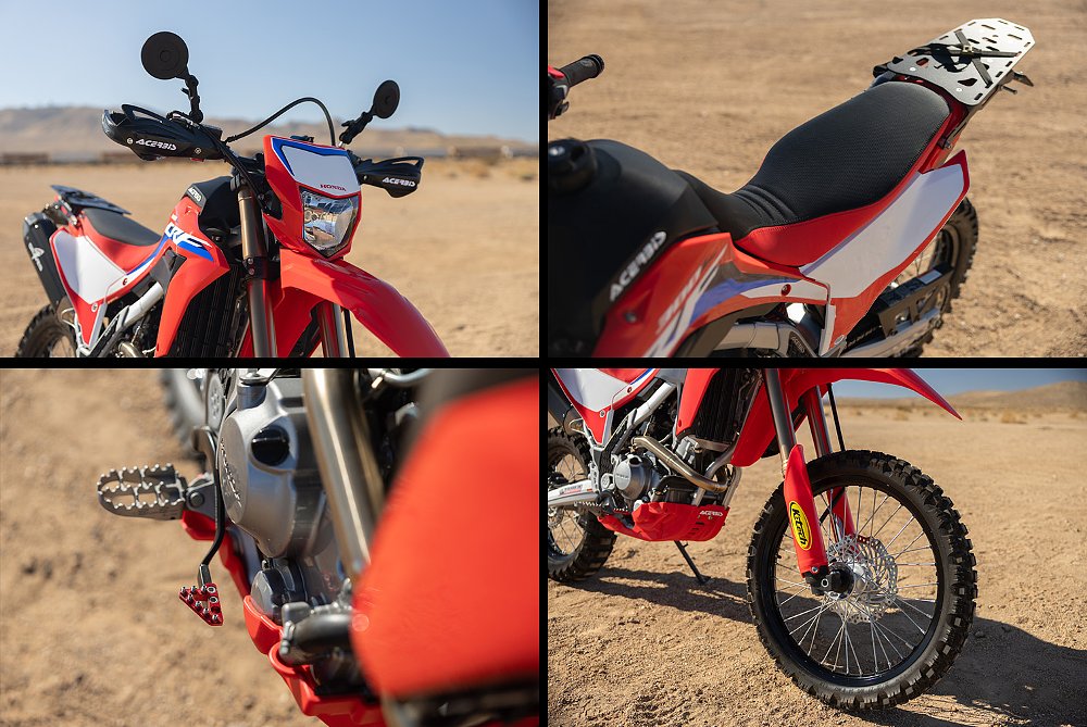 Images of the CRF300L's front headlight, seat, foot controls, and front fork.