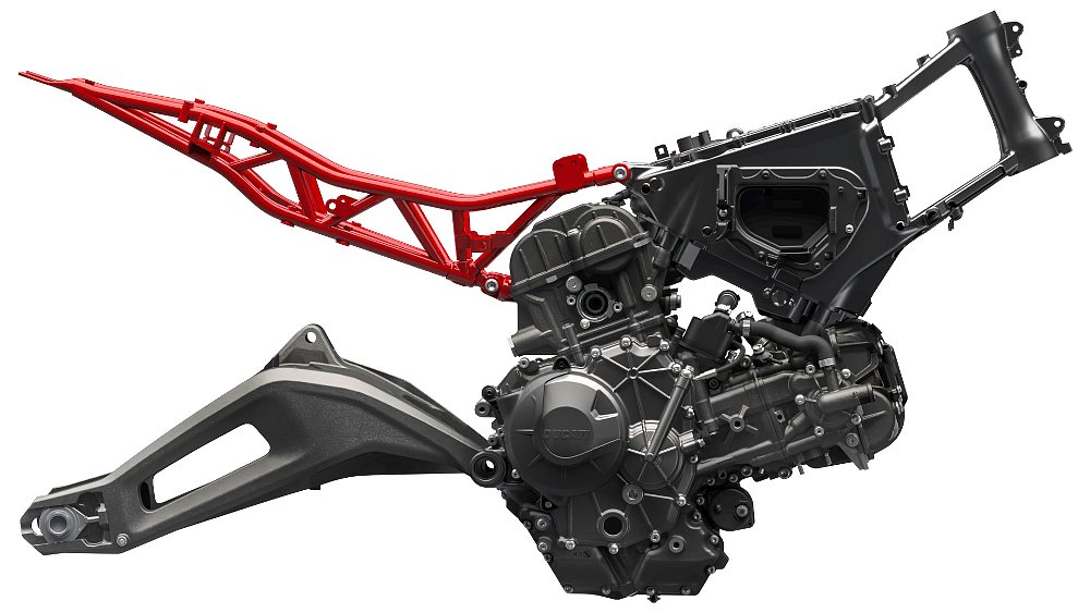 The Multistrada V2's monocoque frame, V2 engine, aluminum swingarm, and trellis subframe pictured over a white background.