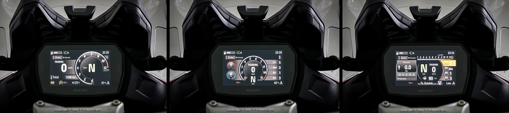 Side-by-side images of the Multistrada V2 S's three display layouts.