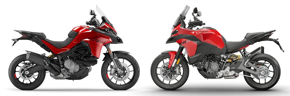 The 2024 Ducati Multistrada V2 S and 2025 Multistrada V2 S staged head-to-head before a white background.