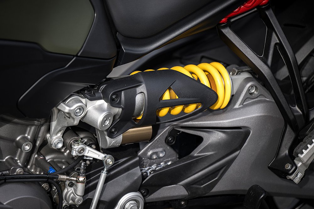 A close-up of the Multistrada V2 S's electronically controlled Sachs monoshock.