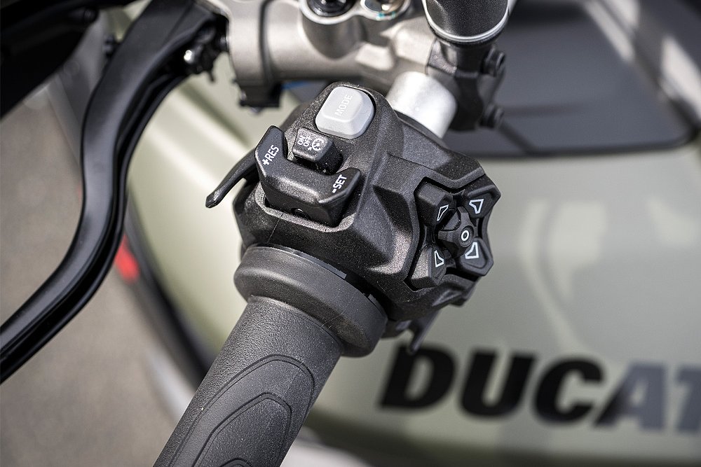 A top-down shot of the Multistrada V2 S's left switchgear.