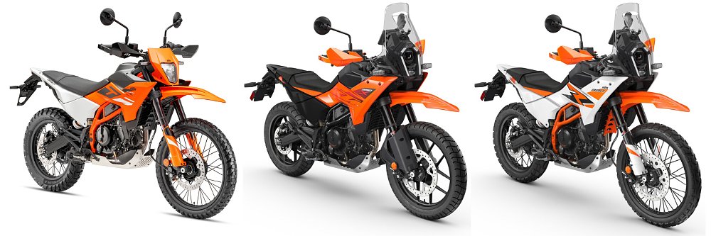 The 2025 KTM 390 Enduro R, 390 Adventure X, and 390 Adventure R arranged in a line.