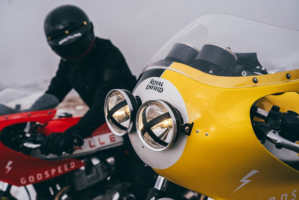 close view of the dual headlights on the front fairing