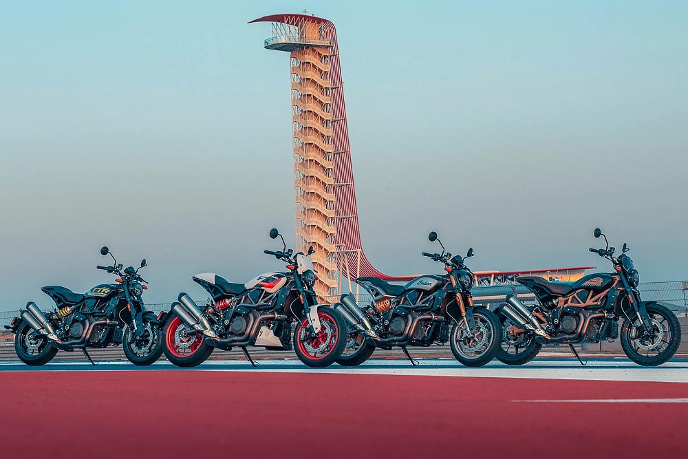 The 2023 Indian FTR range lined up along Austin, Texas' Circuit of the Americas.