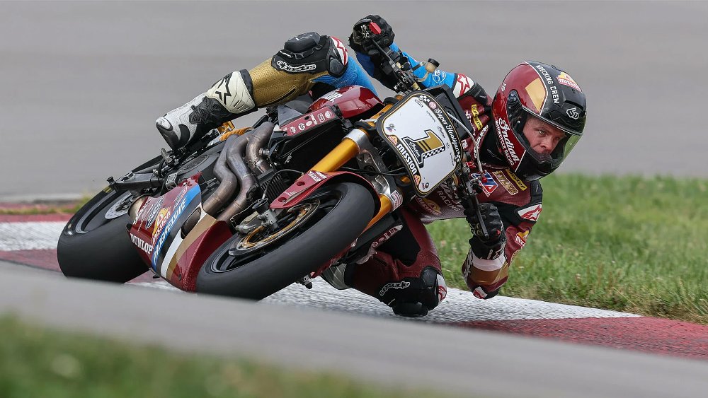 Tyler O'Hara rides a race-prepped Indian FTR around a race track.