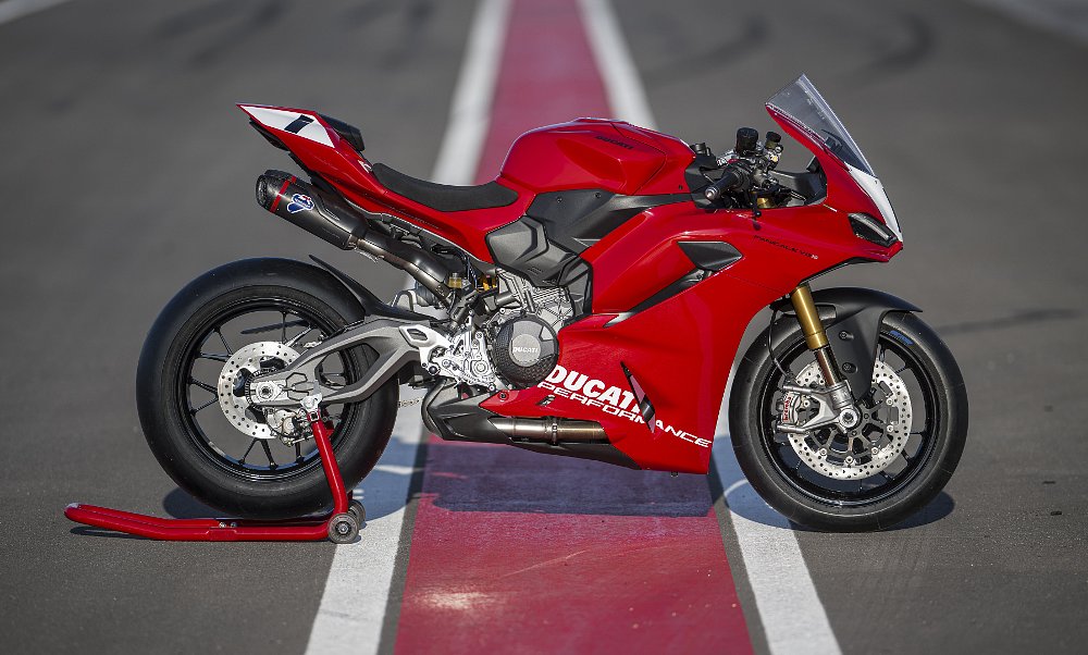 2025 Ducati Panigale V2 with Track Attack package, parked on a track stand.