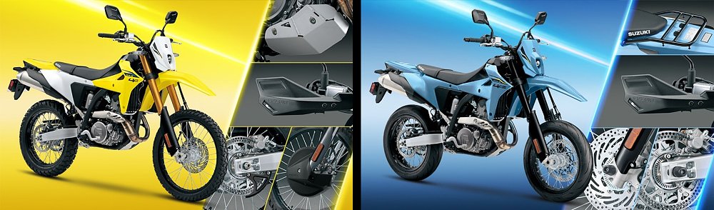 Side-by-side images of the accessories packages that come with pre-ordered Suzuki DR-Z4S and DR-Z4SM models.