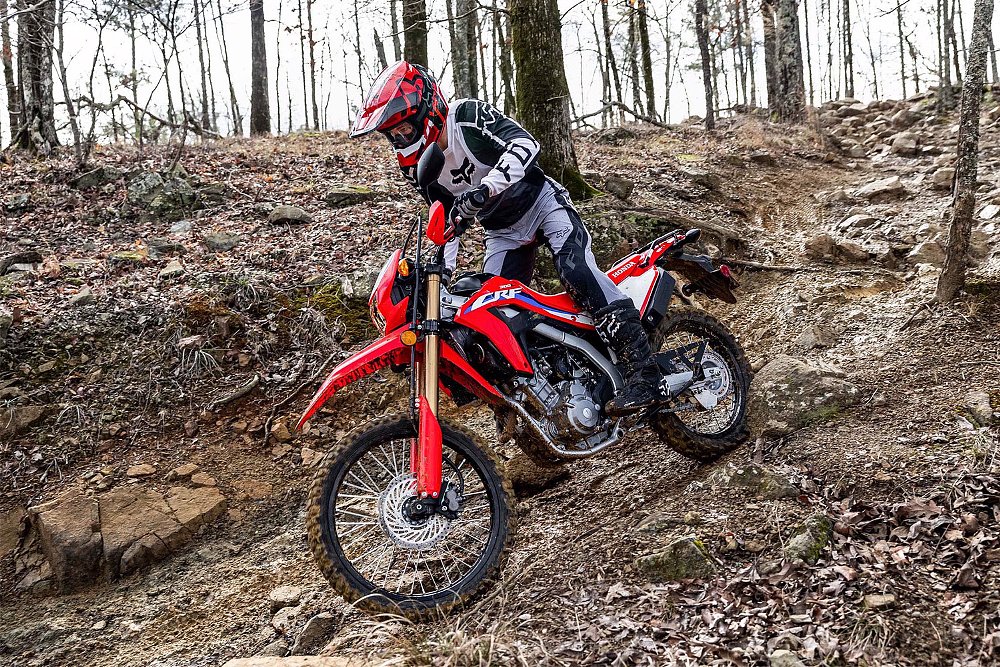 A dual-sport rider descends a hill on a Honda CRF300L.
