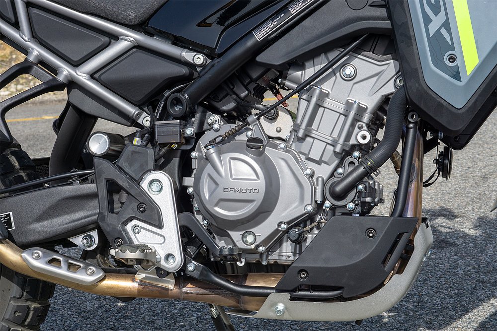 A close-up of the CFMOTO Ibex 450's parallel twin engine.