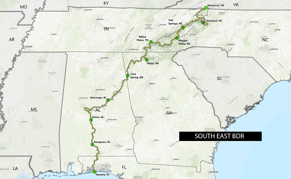 A map view of the South East Backcountry Discovery Route. 