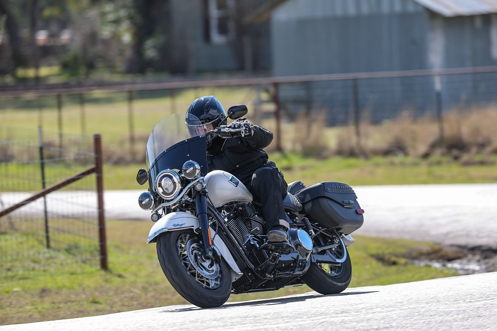 rider on the road on a white Heritage Classic