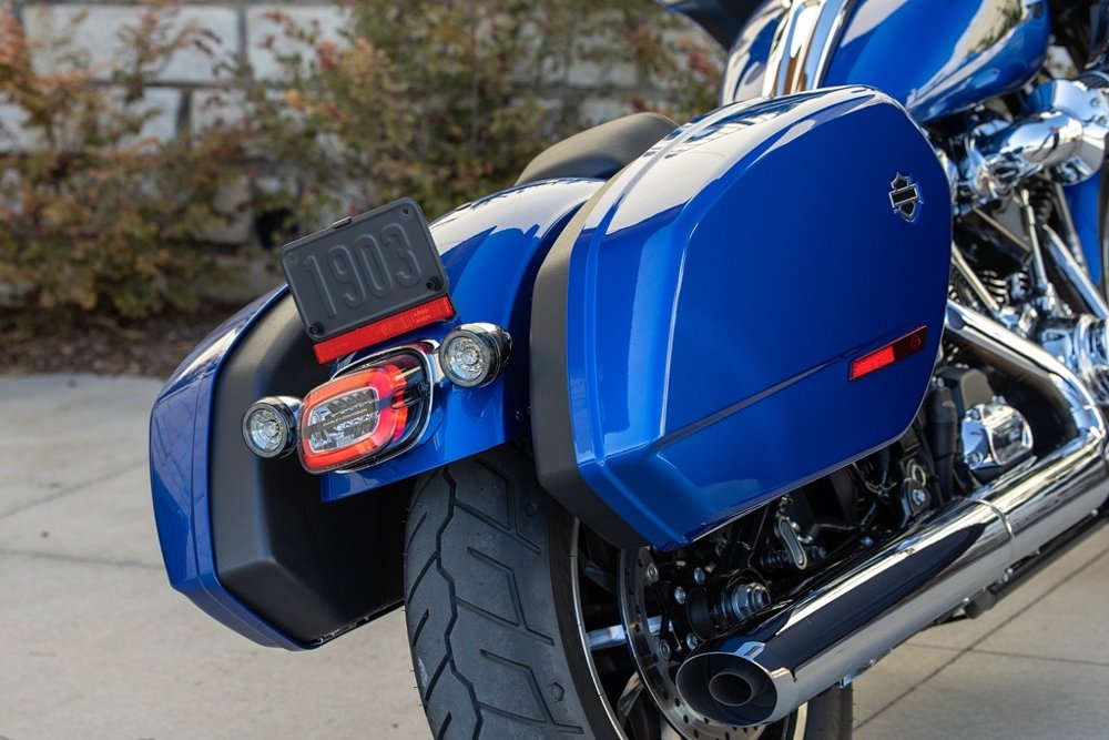 rear view of the Low Rider ST showing the symmetrical saddlebags