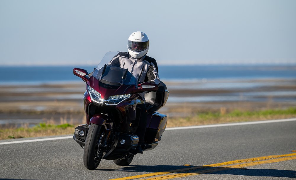 riding the dark red Gold Wing along the Florida coast