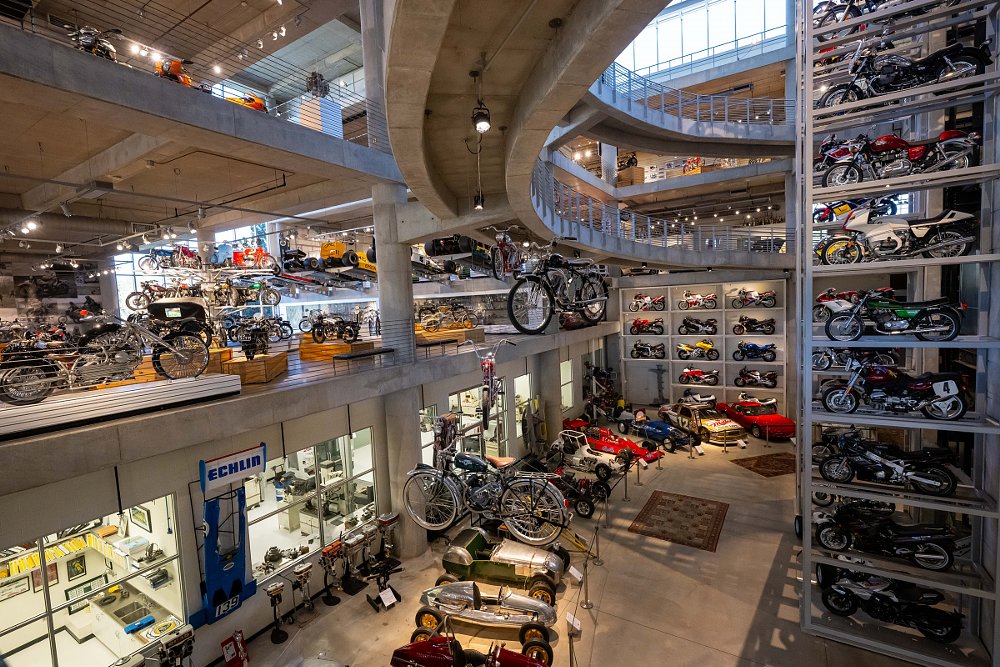 interior view of Barber Vintage Motorsports Museum with multiple levels of motorcycles on display