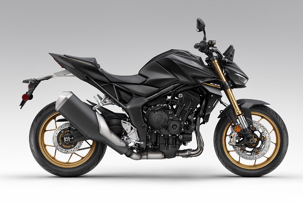 A side profile of the Honda CB1000 Hornet SP under studio lighting.