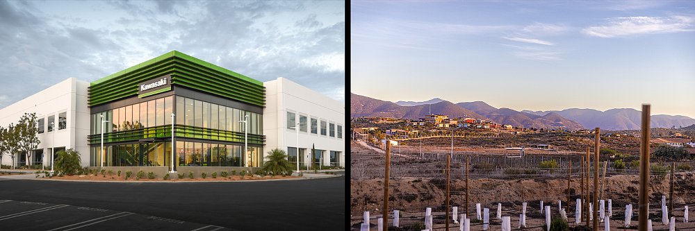 A side-by-side comparison of Kawasaki's corporate headquarters and the vineyards of Valle de Guadalupe.