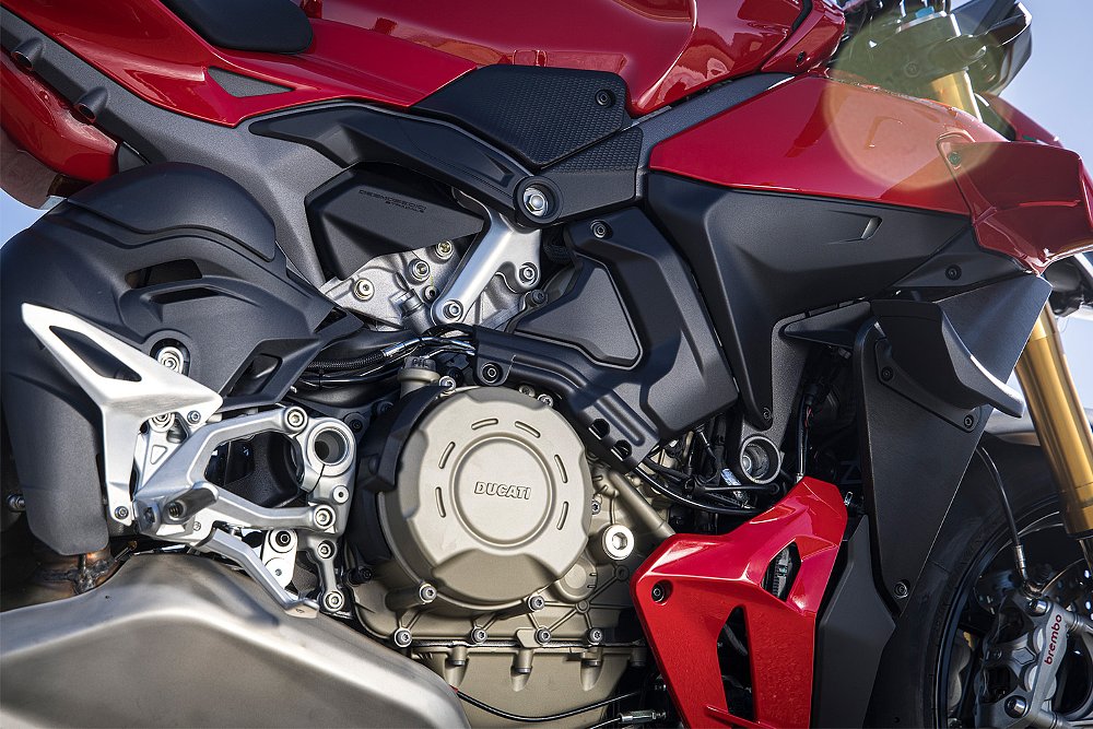 A close-up of the Streetfighter V4 S's Desmosedici Stradale V4 engine.