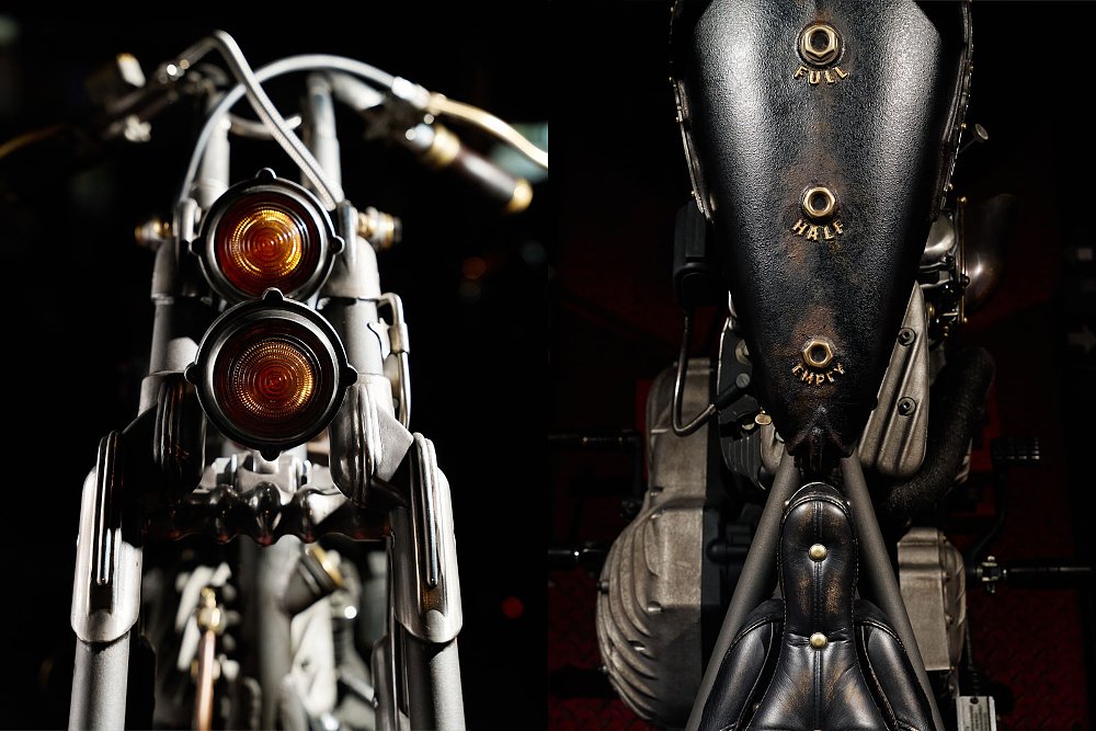 two photos of small yellow lights and the slim fuel tank with three holes as sight glasses to see how much fuel is inside