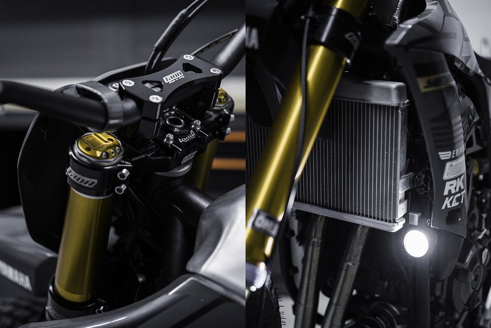 two views of details of the bike, including small lights mounted low by the radiator