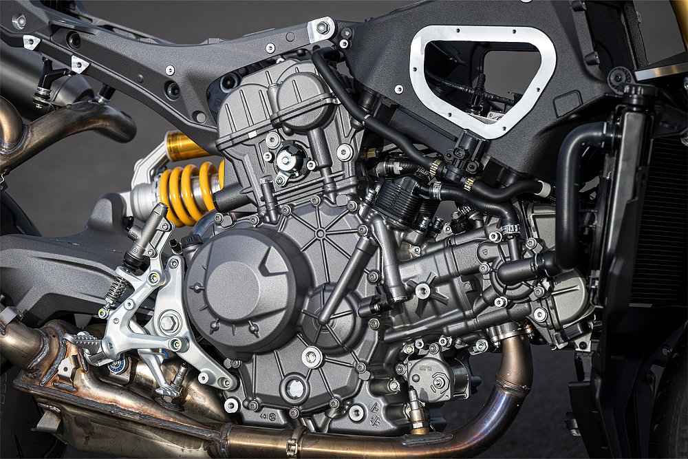Ducati's new V2 engine mounted inside the Streetfighter V2's frame. 