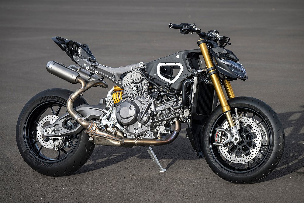 The Streetfighter V2 S's chassis with all of the model's bodywork removed.