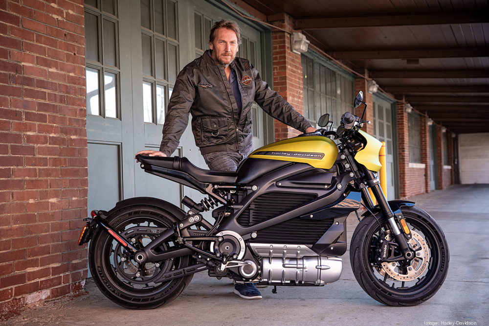 Jochen Zeitz posing with a LiveWire electric motorcycle