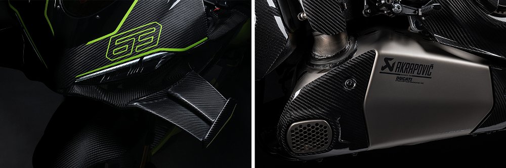 Two shots of the Panigale V4 Lamborghini's carbon fiber-clad fairing and exhaust.