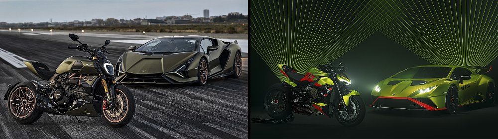 Split screen of Ducati's first two co-branded projects with Lamborghini, the Diavel 1260 Lamborghini and Streetfighter V4 Lamborghini.