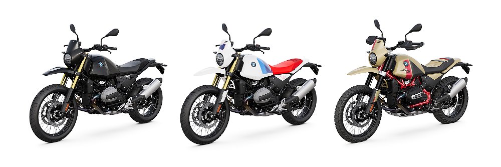 Three examples of the 2026 BMW R 12 G/S in Night Black Matte, Light White, and Option 719 Aragonit.