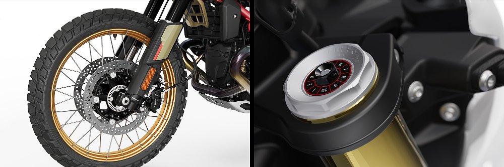A split image of the R 12 G/S's front wheel and fork clickers.