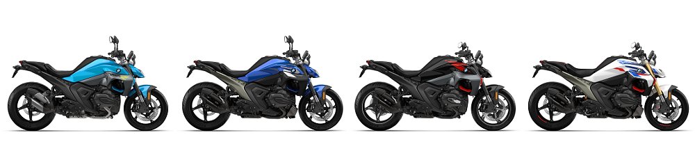 A lineup of the 2026 BMW R 1300 R in all its colors and accessory packages.