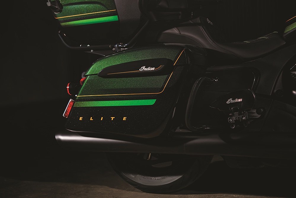 closeup studio photo of the black and green paint on the saddlebag of the Pursuit Elite