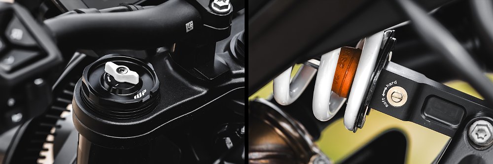 A two-shot of the Vitpilen 801's front suspension clickers and rear shock rebound adjuster.