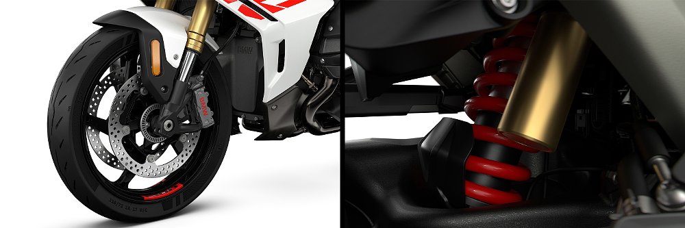 Close-up images of the R 1300 RS's front wheel and rear shock.