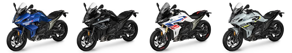 The 2026 BMW R 1300 RS lineup (including four variants) pictured against a white background. 