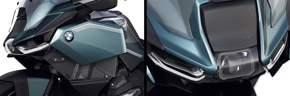 Two detail shots of the R 1300 RT's Variable Wind Deflectors and front-mounted radar unit.