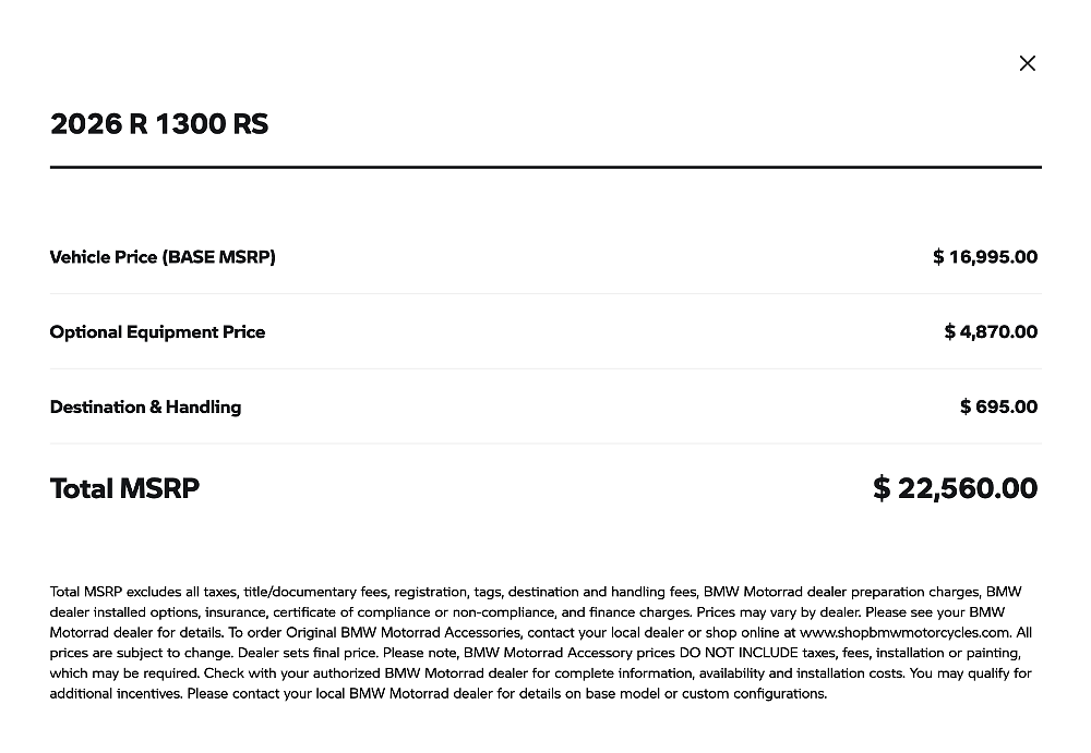 A screen capture of BMW's price breakdown for the R 1300 RS in its Racing Blue Package.