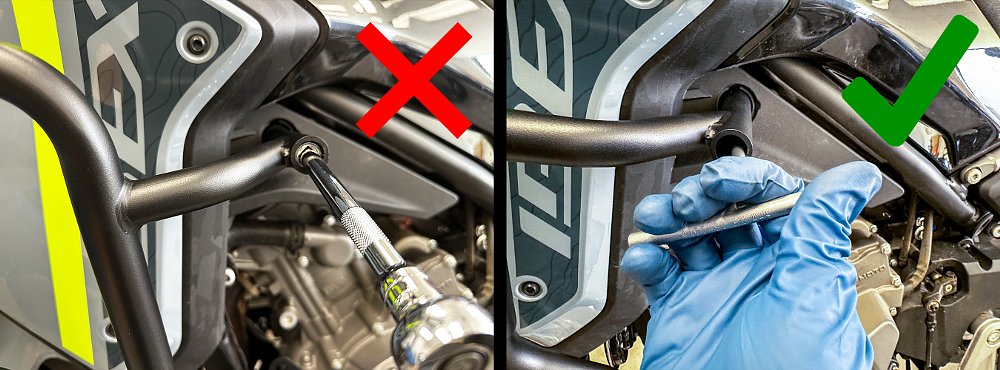 A shot of a socket wrench not fitting into the upper engine guard's tubing next to a shot of a t-handle hex wrench easily sliding into the same tube.