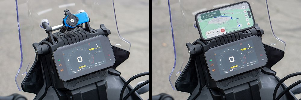 Two pictures of the Ibex 450's cockpit-mounted Quad Lock mount with and without the phone attached.