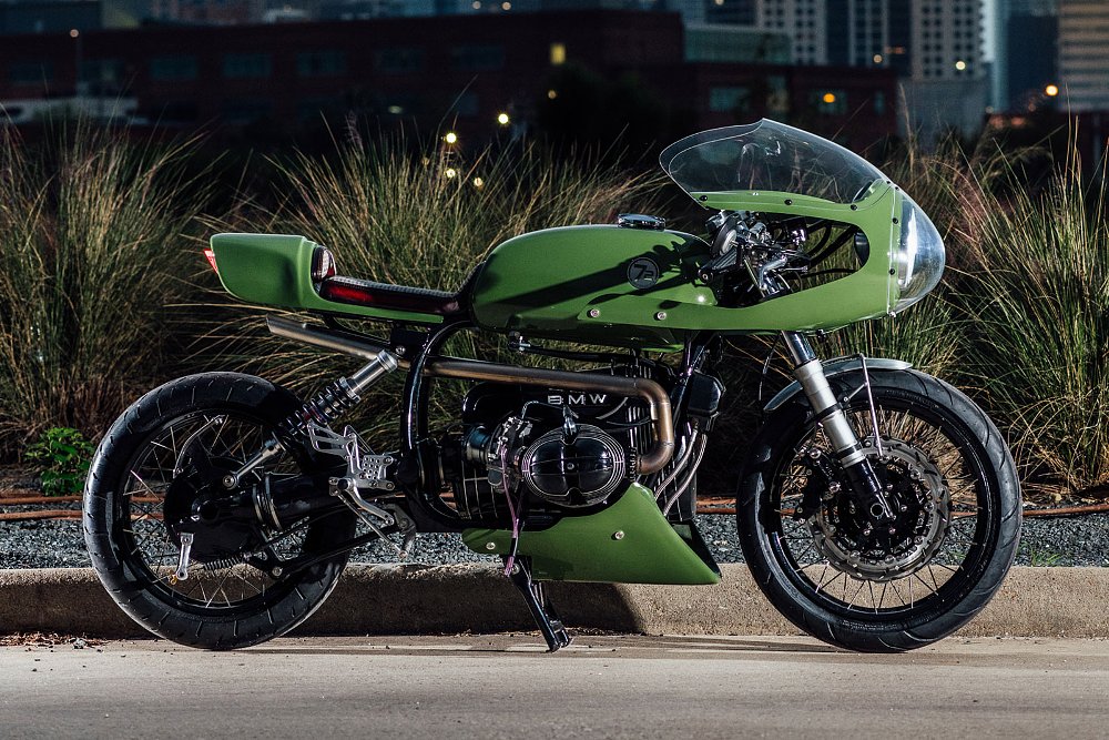 studio photo of the green, cafe-style R100 custom