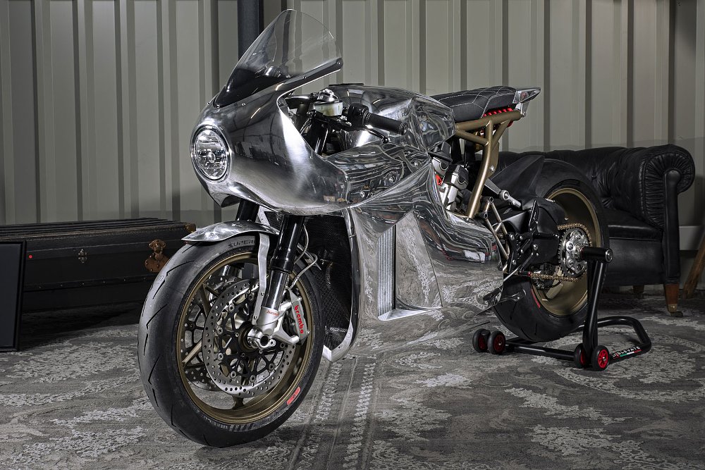 custom VTR covered in bare aluminum bodywork