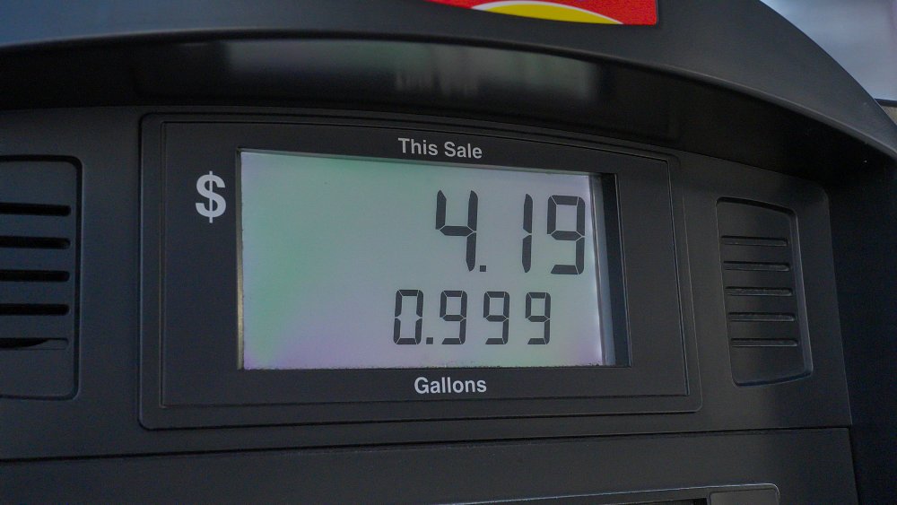 A gas-pump display showing 0.999 gallons of fuel costing $4.19.