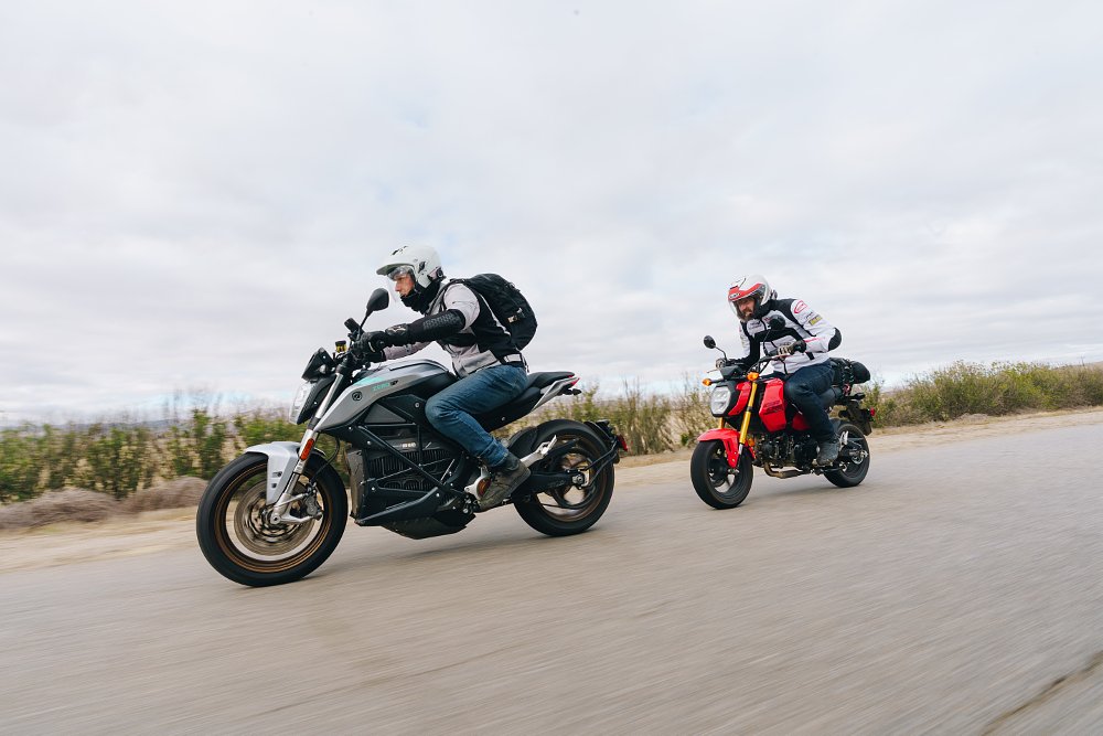 A Zero S and Honda Grom right down a rural road.