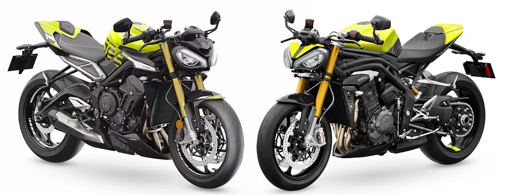 Side to side shots of the 2024 Triumph Street Triple 765 Moto2 and 2026 Speed Triple 1200 RX.